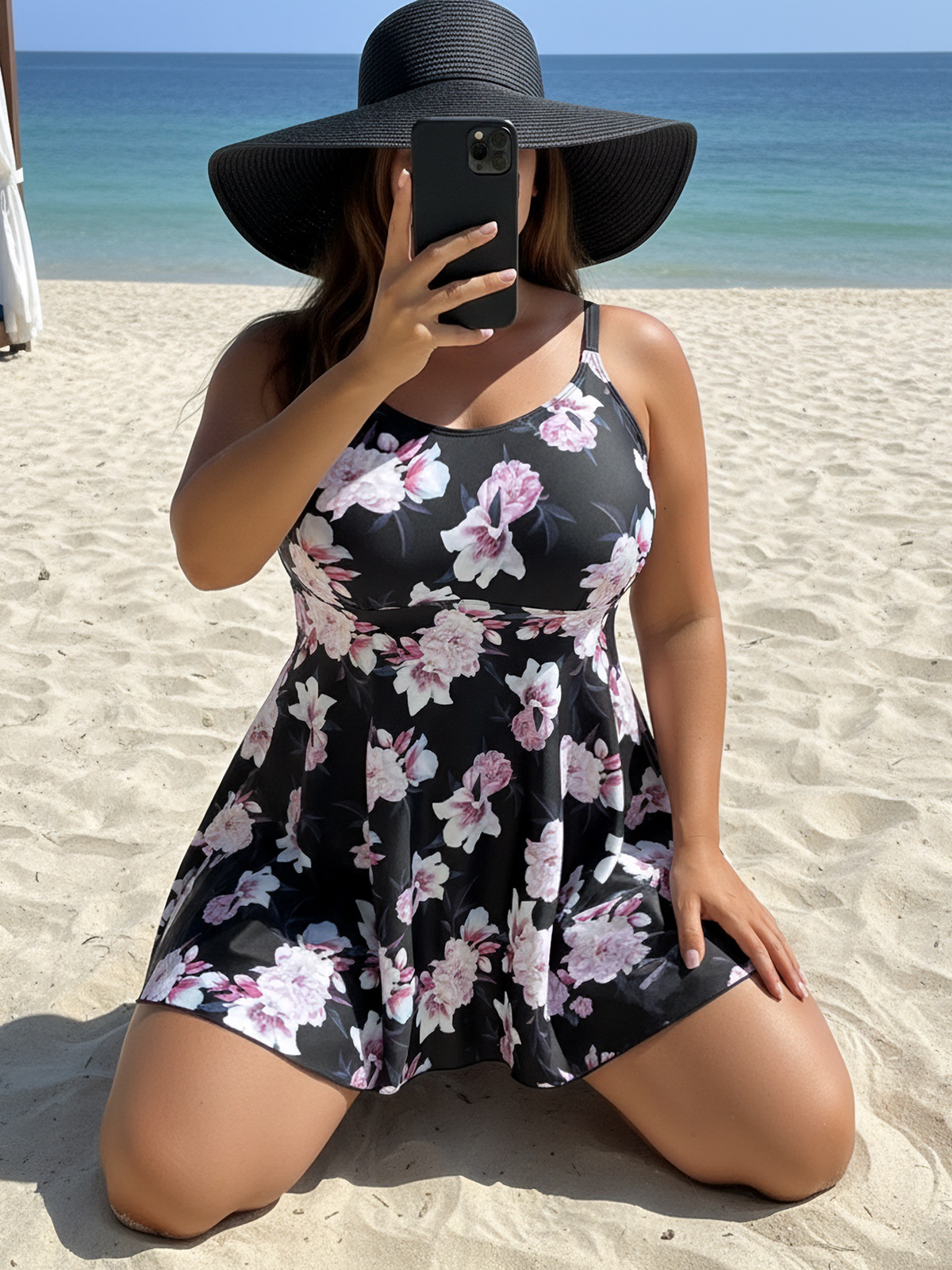 Plus Size Peony Floral Print Spaghetti Straps Swim Dress and Bike Shorts