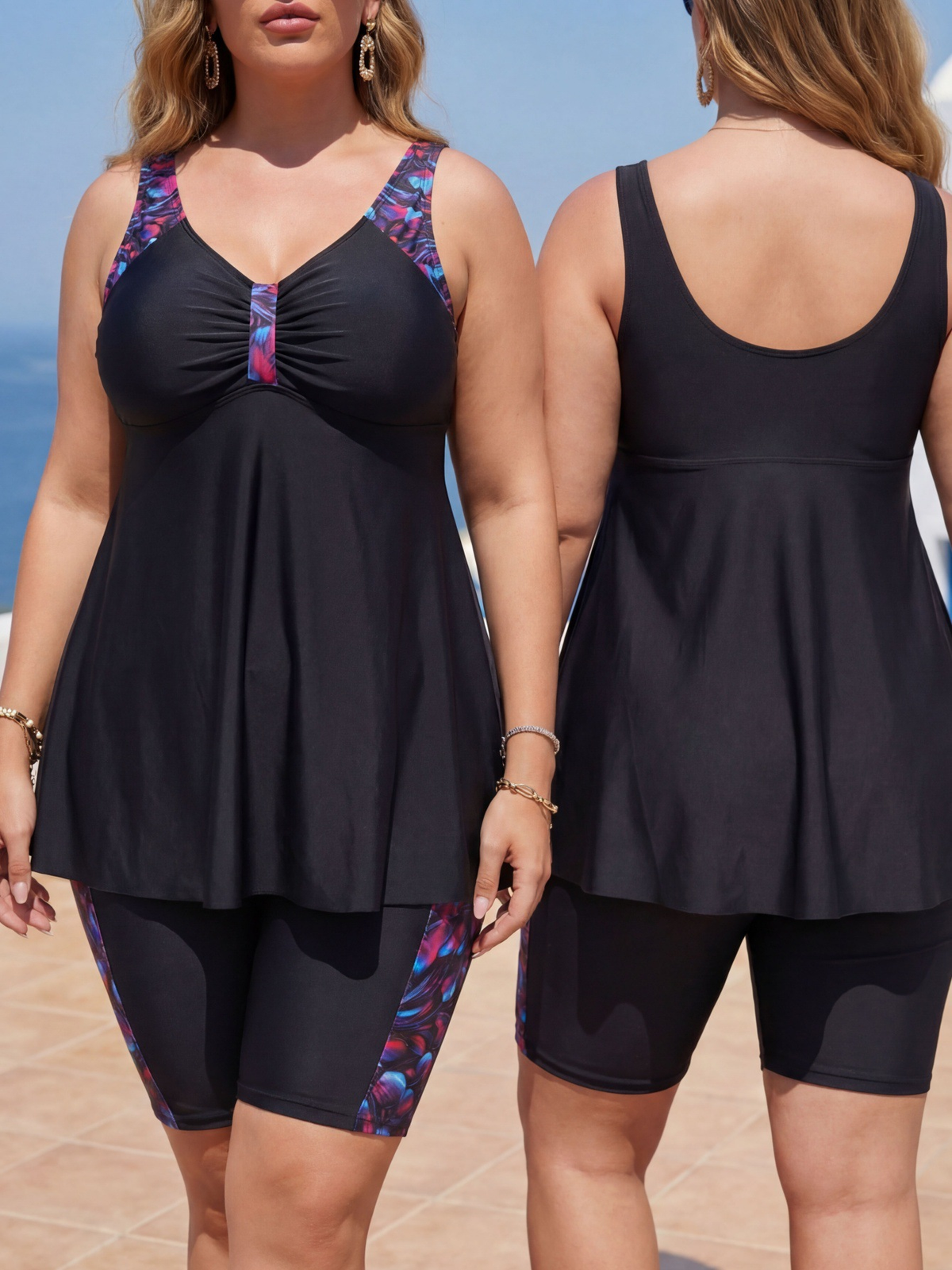 Plus Size Black Side Floral Pattern V-Neck Ruching Swim Dress and Bike Shorts