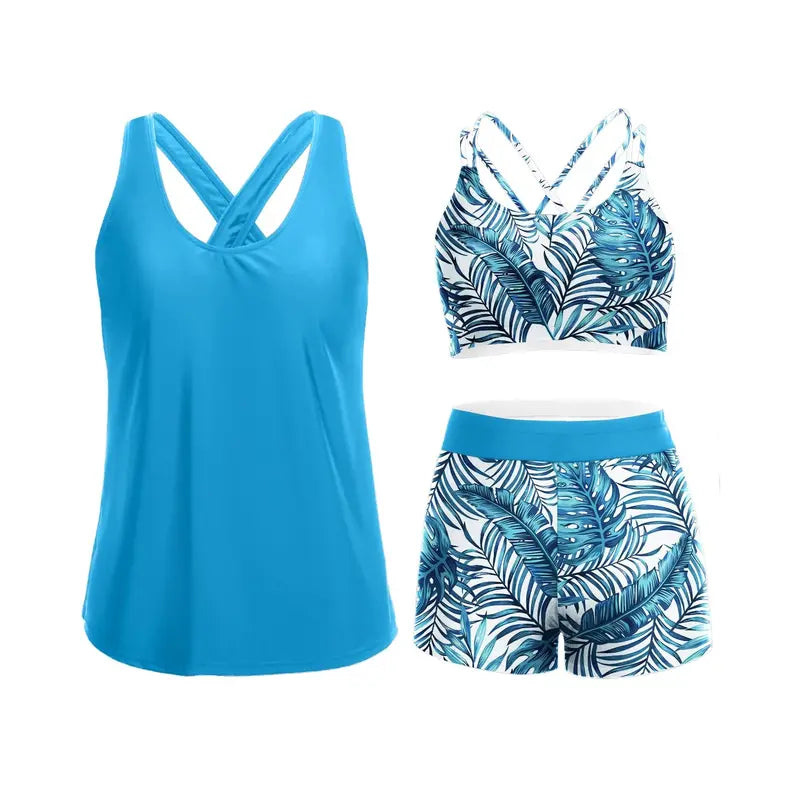 Women's Three-Piece Floral Tankini Set — Swim Tank Top, Sports Bra & Boy Shorts