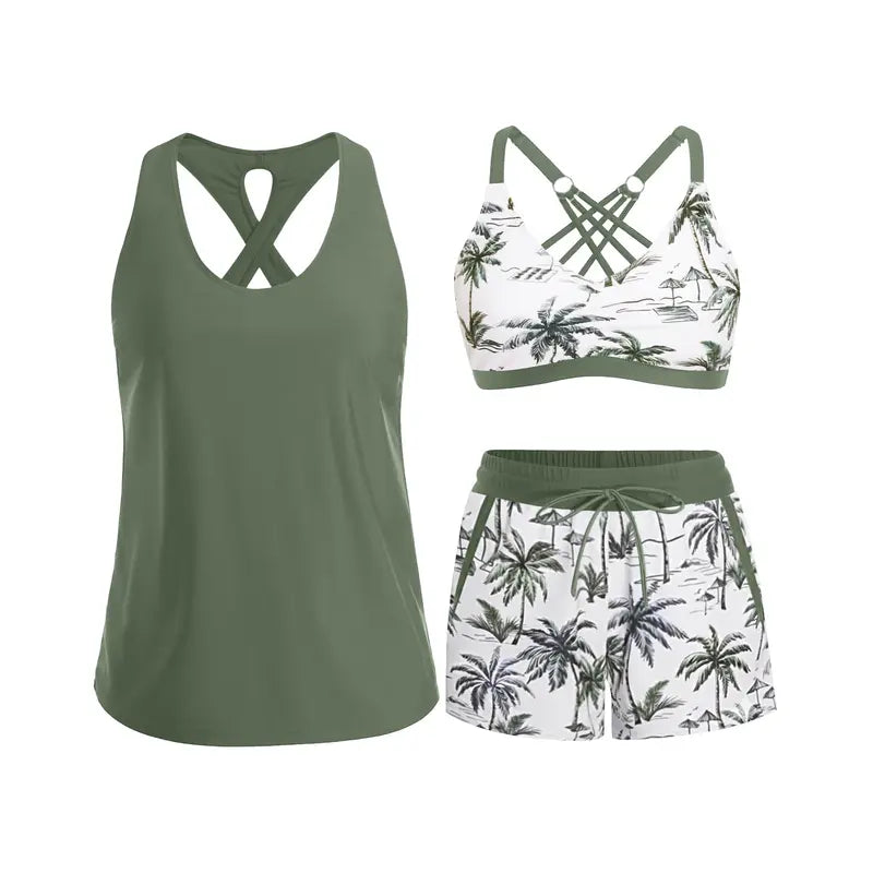 Women's 3-Piece Sporty Tankini Set — Athletic Swim Top, Boyshorts & Pockets