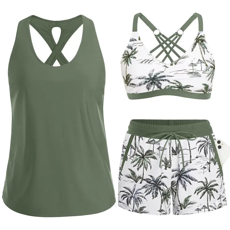 Women's 3-Piece Sporty Tankini Set — Athletic Swim Top, Boyshorts & Pockets