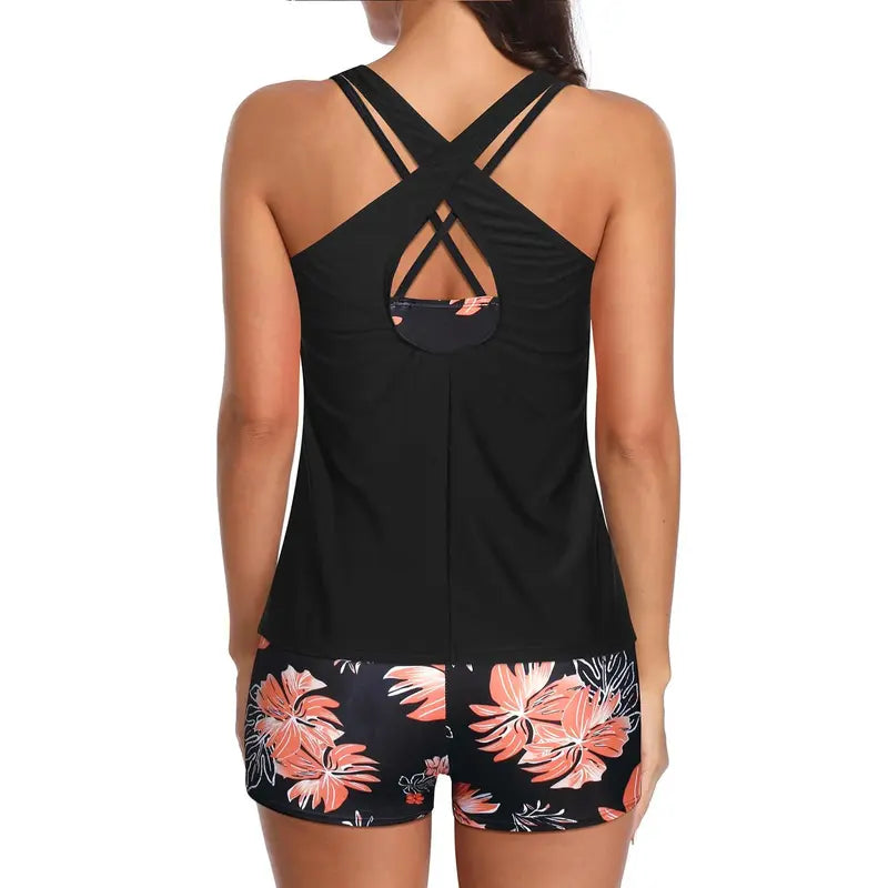 Women's Three-Piece Floral Tankini Set — Swim Tank Top, Sports Bra & Boy Shorts