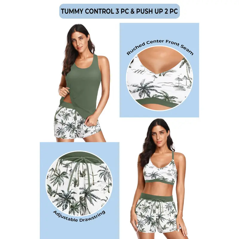Women's 3-Piece Sporty Tankini Set — Athletic Swim Top, Boyshorts & Pockets