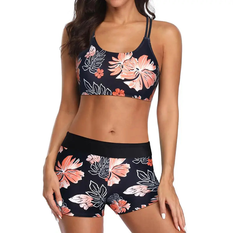 Women's Three-Piece Floral Tankini Set — Swim Tank Top, Sports Bra & Boy Shorts