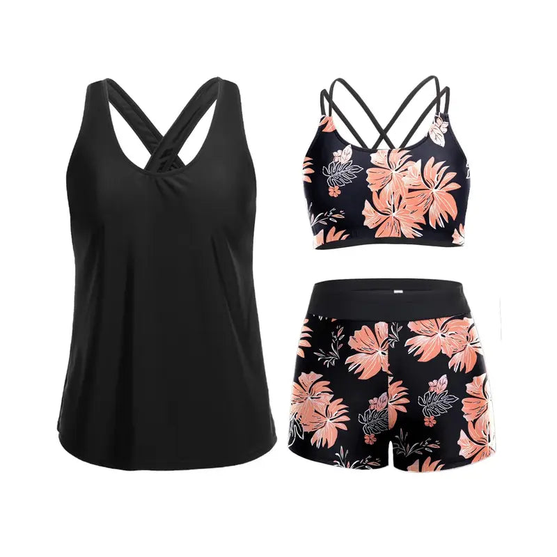 Women's Three-Piece Floral Tankini Set — Swim Tank Top, Sports Bra & Boy Shorts