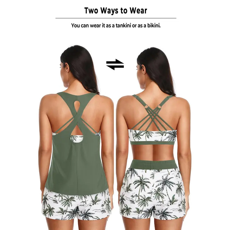 Women's 3-Piece Sporty Tankini Set — Athletic Swim Top, Boyshorts & Pockets