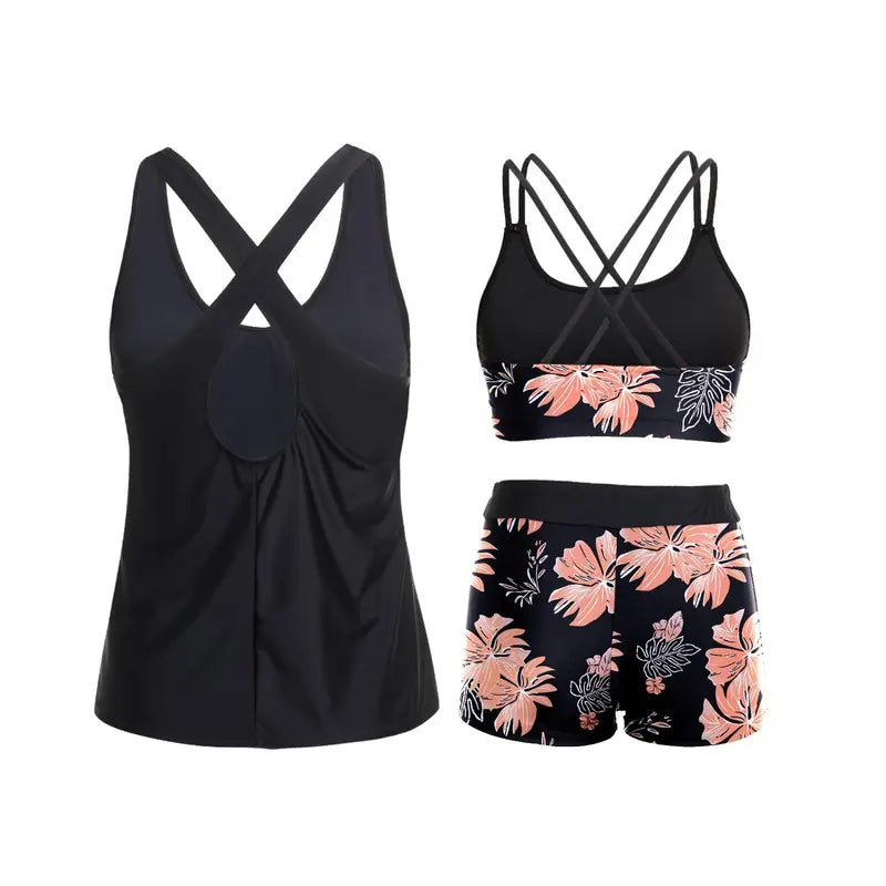 Women's Three-Piece Floral Tankini Set — Swim Tank Top, Sports Bra & Boy Shorts