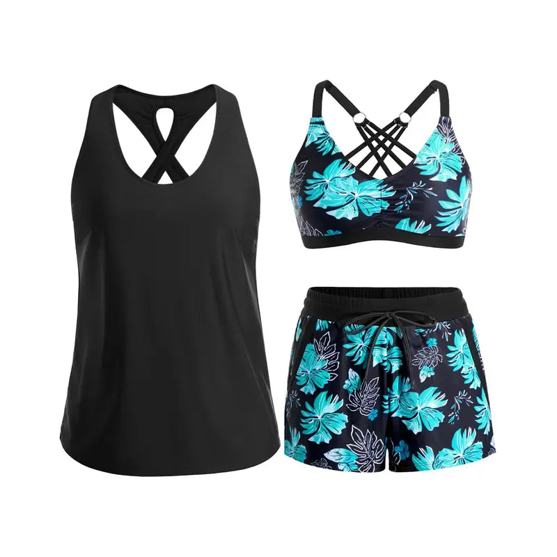 Women's 3-Piece Sporty Tankini Set — Athletic Swim Top, Boyshorts & Pockets