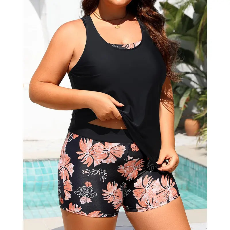 Women's Three-Piece Floral Tankini Set — Swim Tank Top, Sports Bra & Boy Shorts