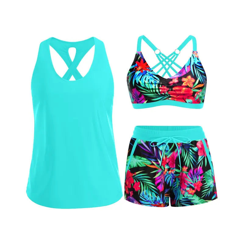 Women's 3-Piece Sporty Tankini Set — Athletic Swim Top, Boyshorts & Pockets