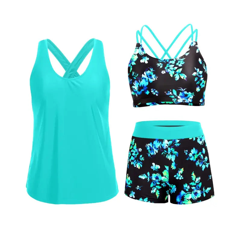 Women's Three-Piece Floral Tankini Set — Swim Tank Top, Sports Bra & Boy Shorts