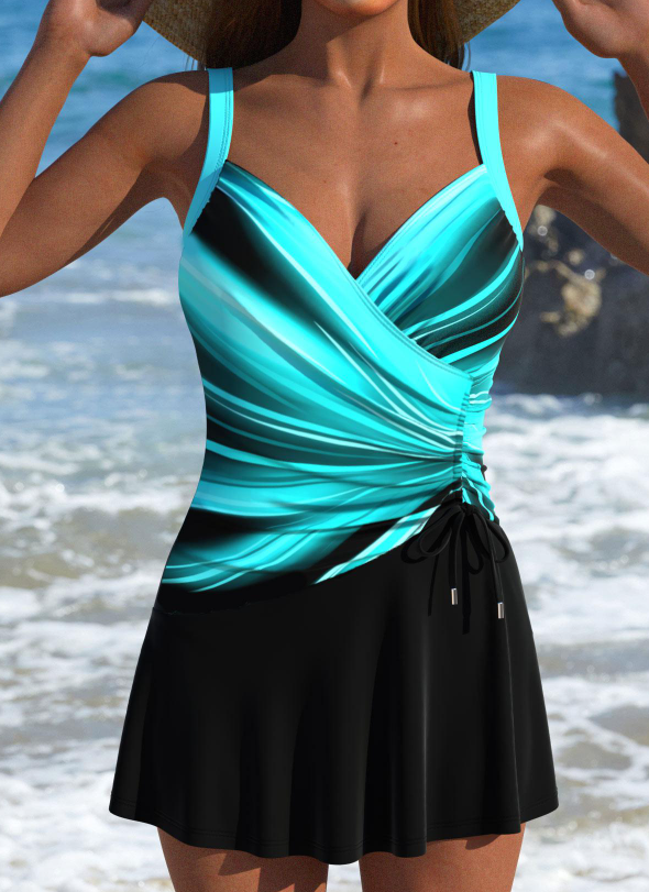 Denim Blue Floral Print Tie One Piece Swimdress for Women