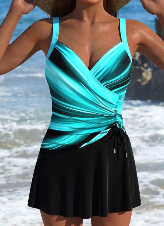 Denim Blue Floral Print Tie One Piece Swimdress for Women
