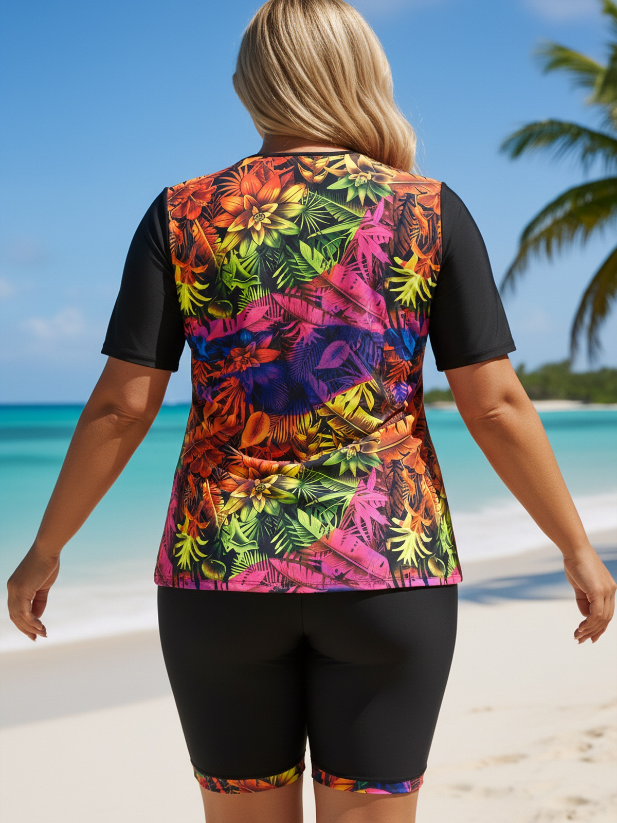 Plus Size Colorful Leaf Pattern Short-Sleeve Tankini Top and Bike Shorts