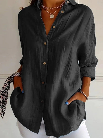 Solid Casual Buttoned Loose V Neck Blouse
