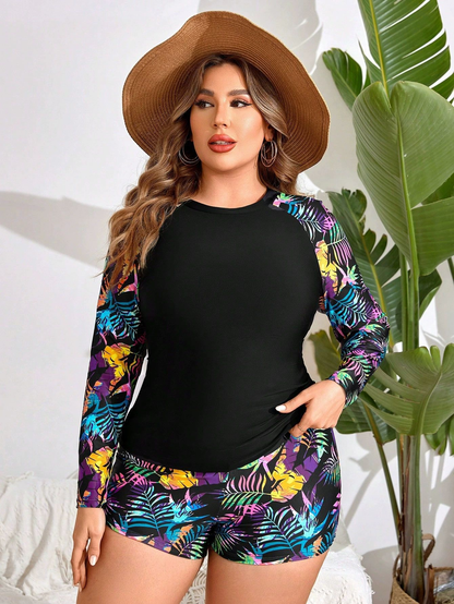 Plus Size Colorful Leaf Pattern Long-Sleeve Tankini Top and Bike Shorts