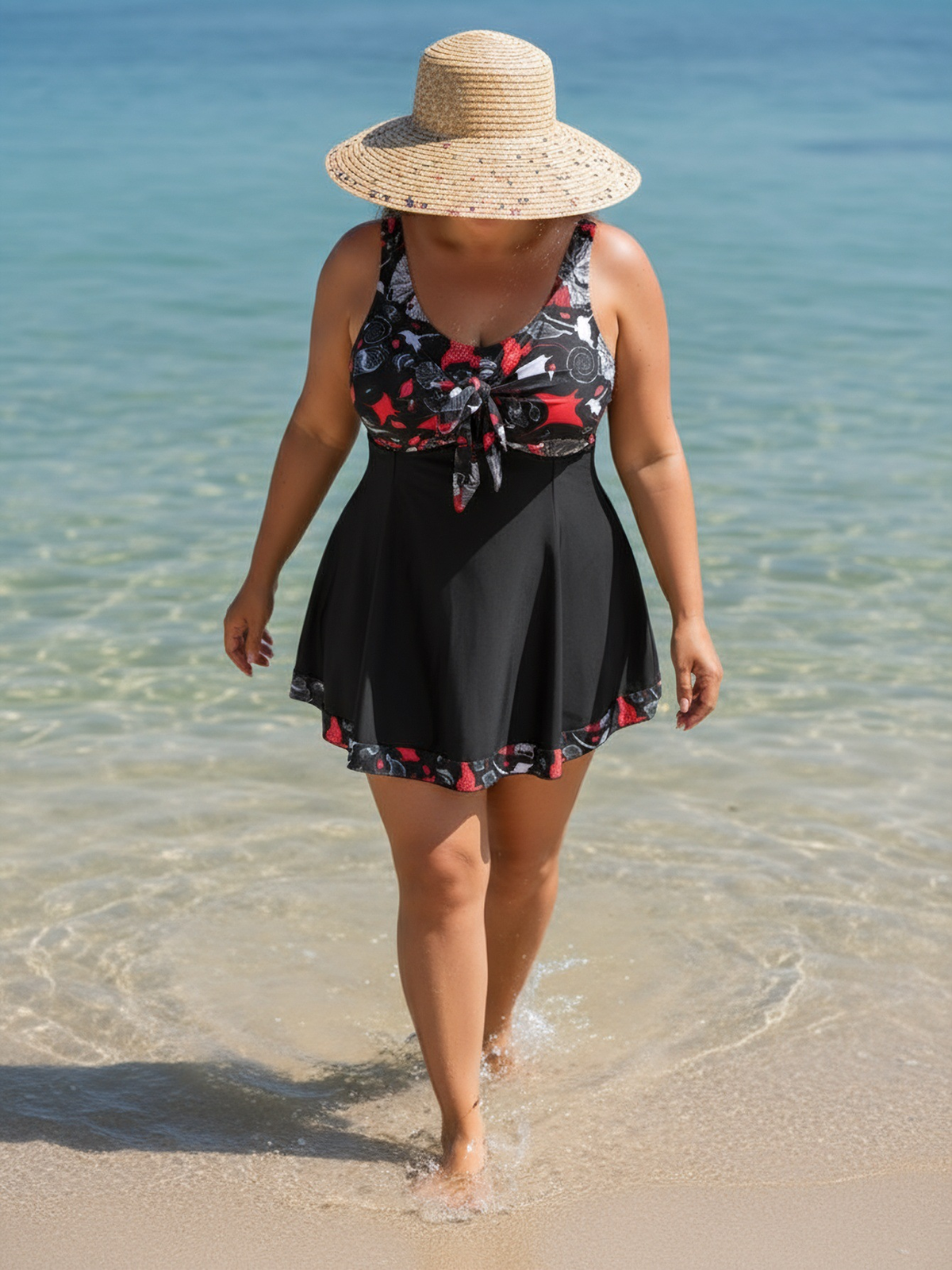 Plus Size Red Jellyfish Pattern V-Neck Knotted A-Line Swim Dress and Bike Shorts