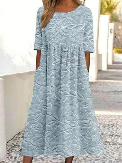 Floral Print Crew Neck Half Sleeve Comfy Vintage Maxi Dress