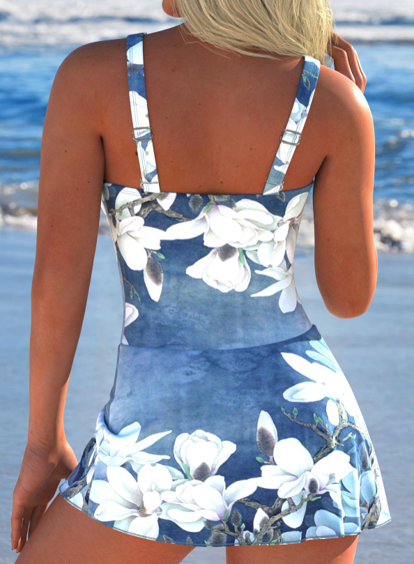 Floral Tie-Knot Skirted One-Piece Swimdress  Denim Blue Tummy Control Swimsuit
