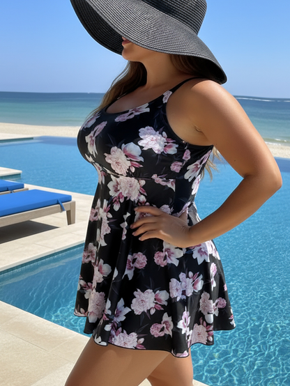 Plus Size Peony Floral Print Spaghetti Straps Swim Dress and Bike Shorts