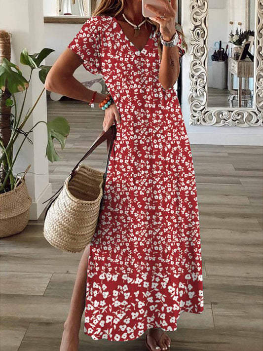 V-neck Short Sleeve Loose Vacation Floral Maxi Dress