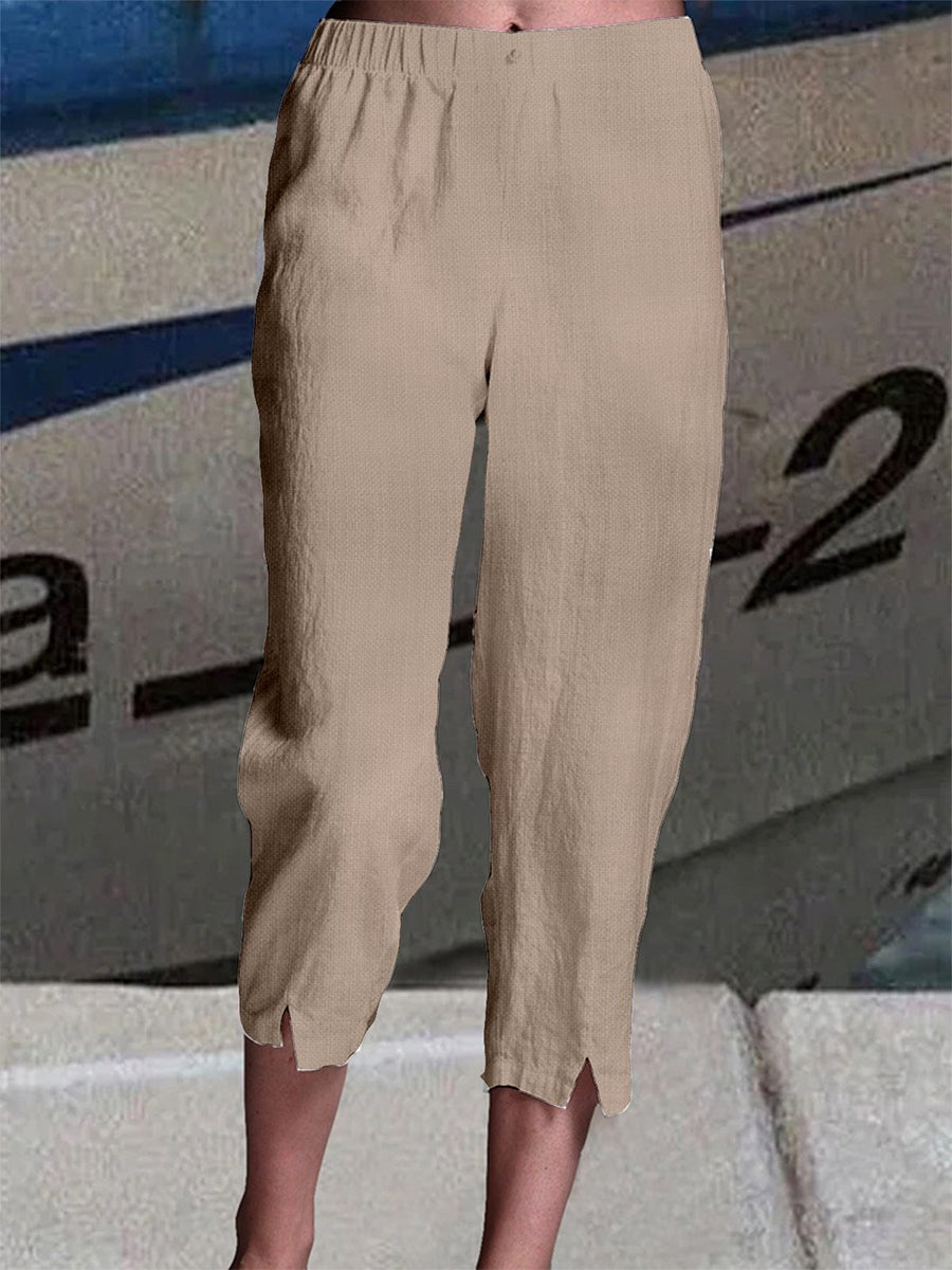 Summer Casual Loose Elastic Waist Plain Capris Linen Pants