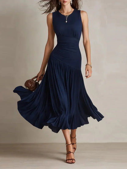 Navy Round Neck Sleeveless Plain Midi Dress