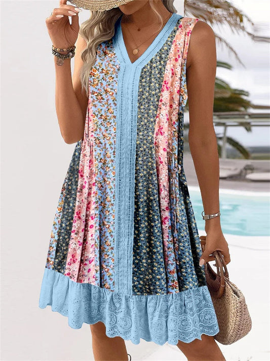 Women's Sleeveless V-neck Graphic Lace Midi Dress