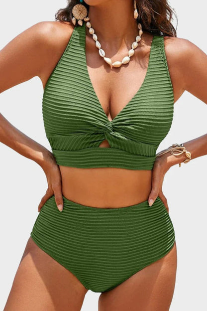 Textured Knot-Front High-Waisted Bikini Set