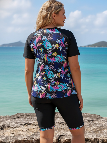 Plus Size Floral Pattern Short-Sleeve Tankini Top and Bike Shorts