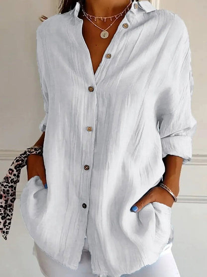 Solid Casual Buttoned Loose V Neck Blouse