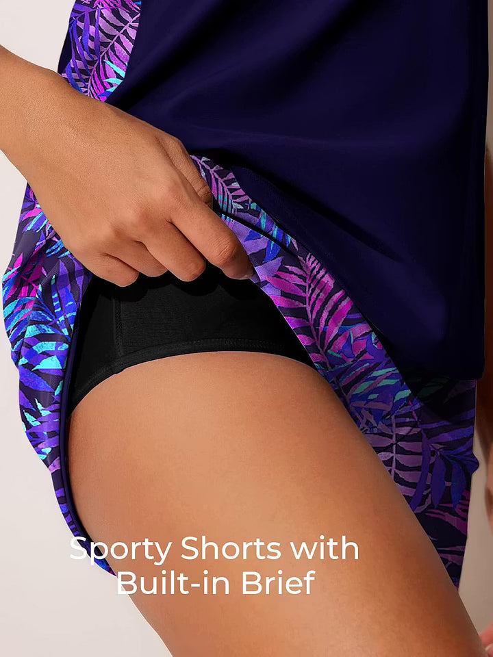 Women's Blouson Tankini Set with Pockets — Tummy Control Two-Piece Swimsuit & Swim Shorts