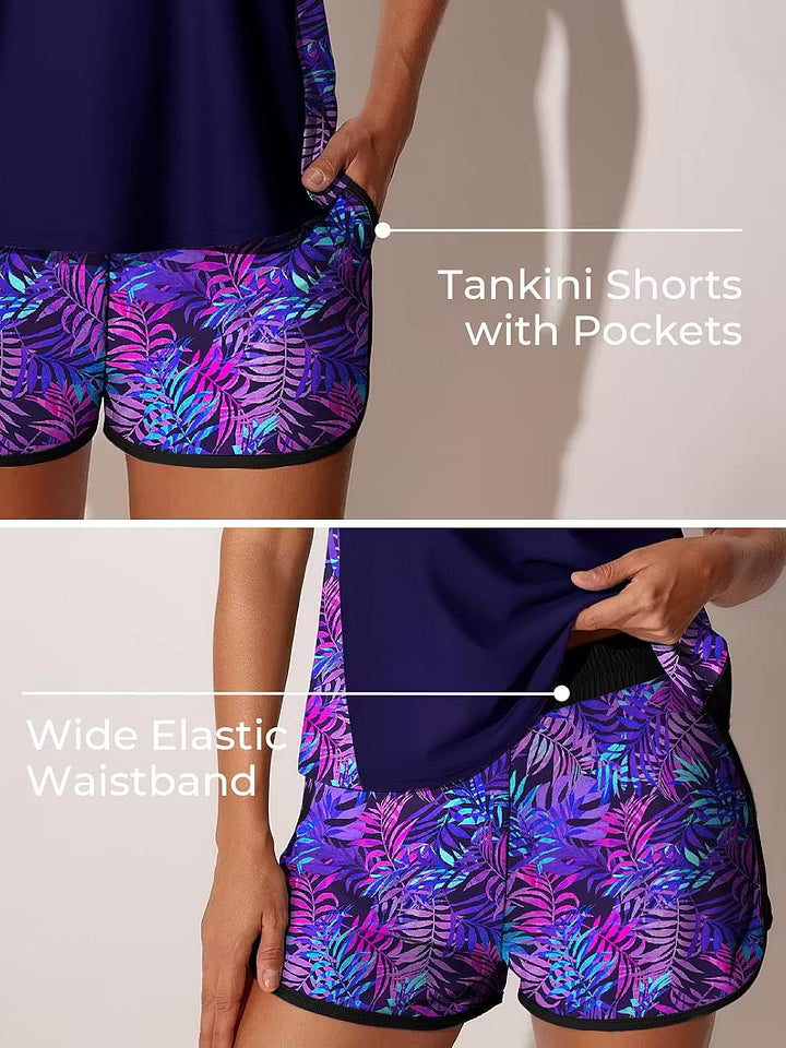 Women's Blouson Tankini Set with Pockets — Tummy Control Two-Piece Swimsuit & Swim Shorts