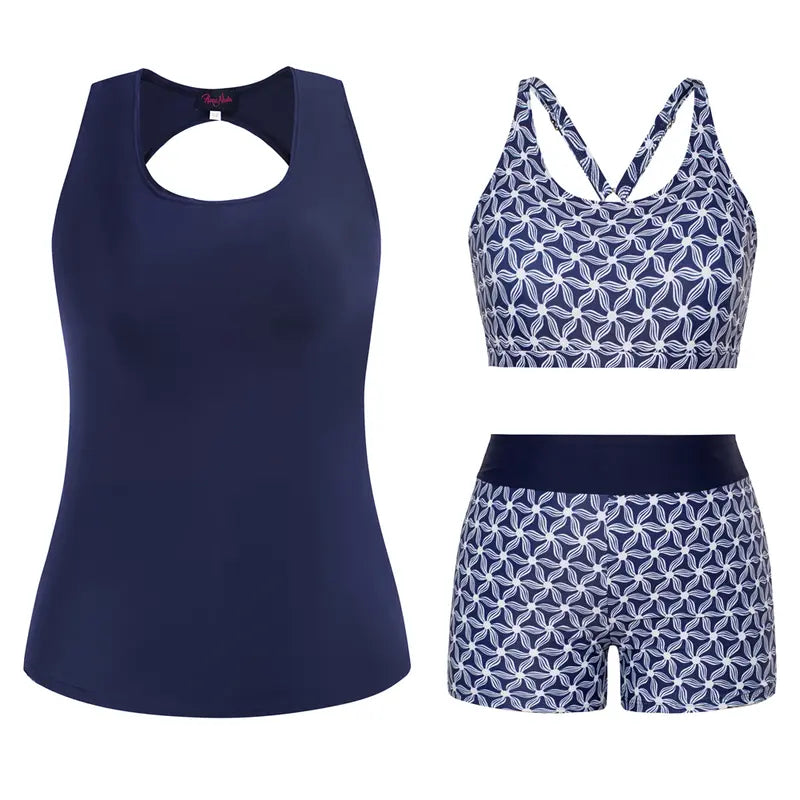 Women's 3-Piece Tummy Control Tankini Set — Hollowed Tank Top, Crop Top & Briefs