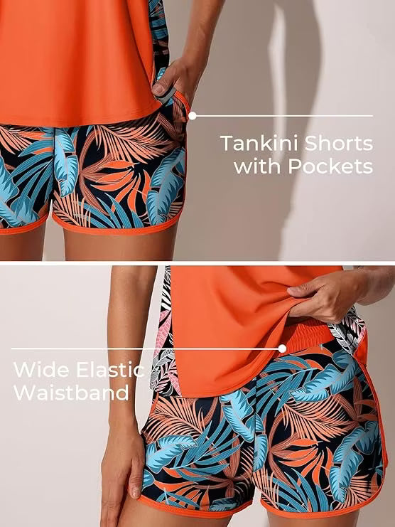 Women's Blouson Tankini Set with Pockets — Tummy Control Two-Piece Swimsuit & Swim Shorts