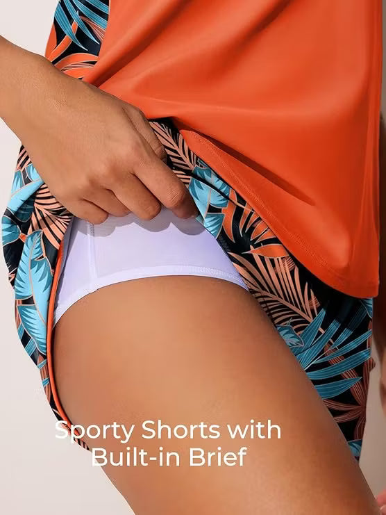 Women's Blouson Tankini Set with Pockets — Tummy Control Two-Piece Swimsuit & Swim Shorts
