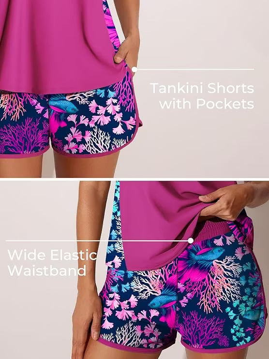 Women's Blouson Tankini Set with Pockets — Tummy Control Two-Piece Swimsuit & Swim Shorts