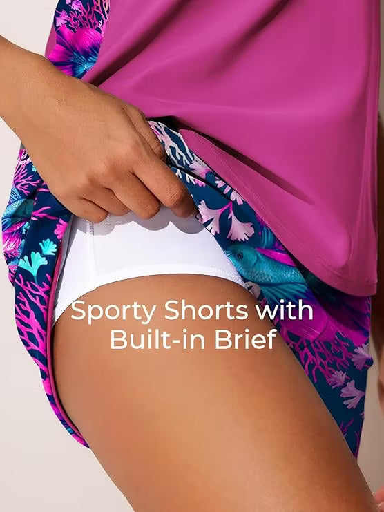 Women's Blouson Tankini Set with Pockets — Tummy Control Two-Piece Swimsuit & Swim Shorts