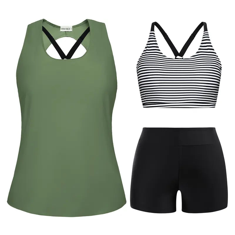 Women's 3-Piece Tummy Control Tankini Set — Hollowed Tank Top, Crop Top & Briefs