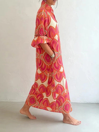 Bold Geometric Print Bell Sleeve Maxi Dress