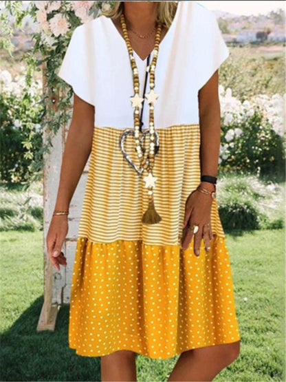 V-neck Stripe Polka Dot Print Casual Short Sleeve Short Knee Length Dress