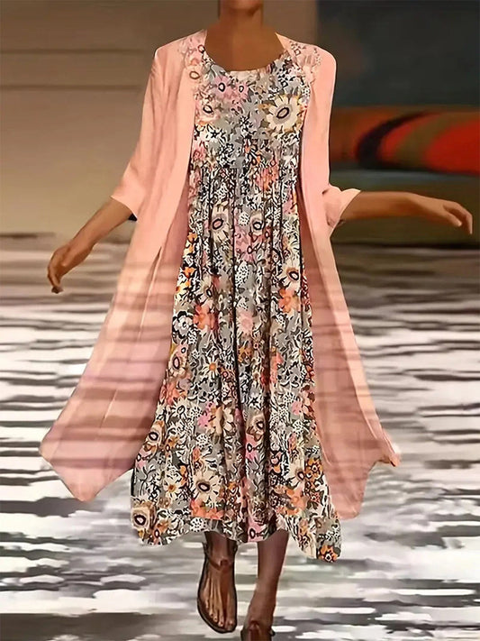 Women's Floral Midi Dress and Open Front Cardigan Two-Piece Set