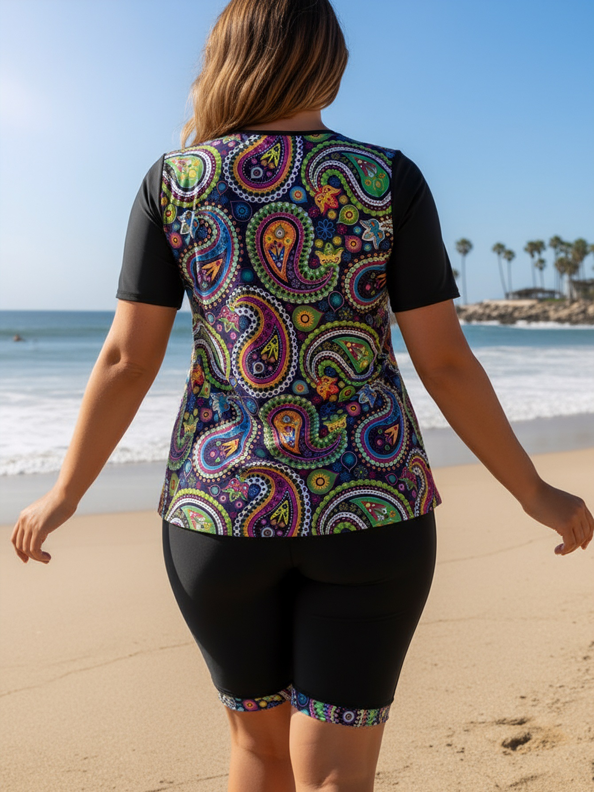 Plus Size Ethnic Abstract Pattern Short-Sleeve Tankini Top and Bike Shorts