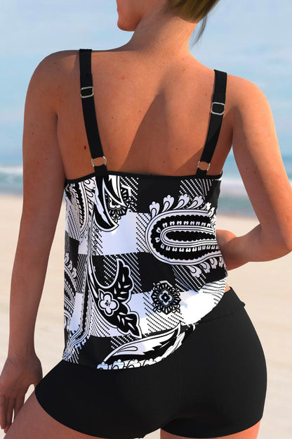 Paisley Print Black Double Straps Tankini