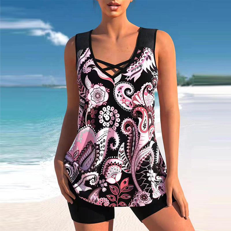 Women's Hawaiian Print Tankini Set with Side Slit