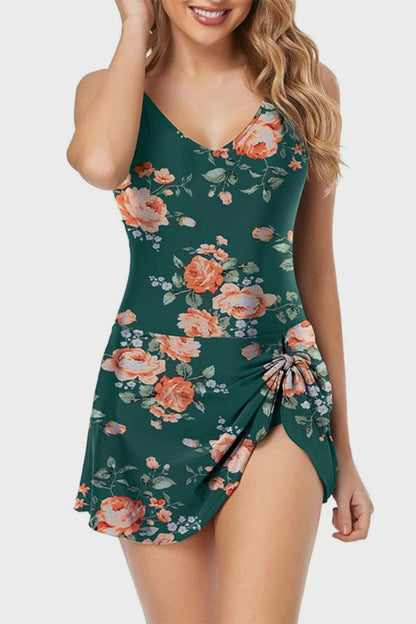 Tropical-inspired Green Floral V-Neck One-Piece Swimsuit