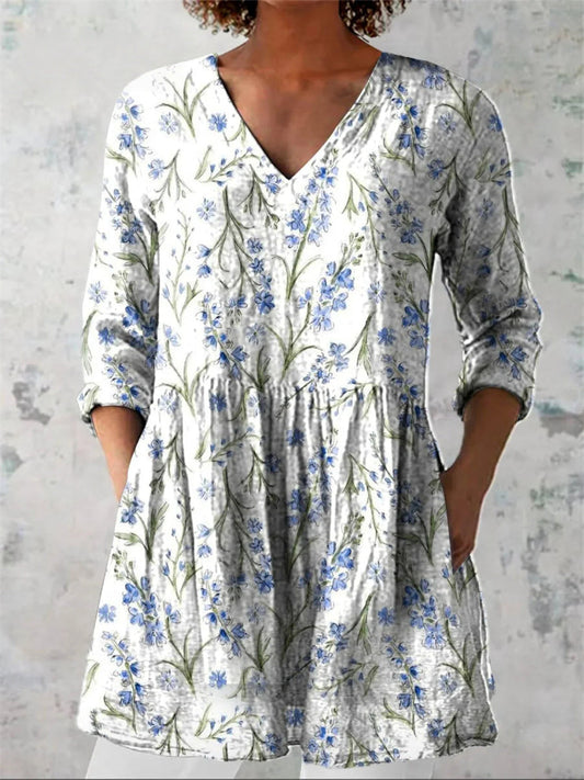 Women's Lovely Floral Art Print Casual V-Neck 3/4 Sleeve Shirt