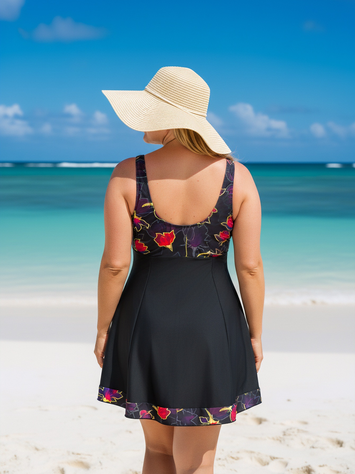 Plus Size Red Floral Pattern V-Neck Knotted A-Line Swim Dress and Bike Shorts