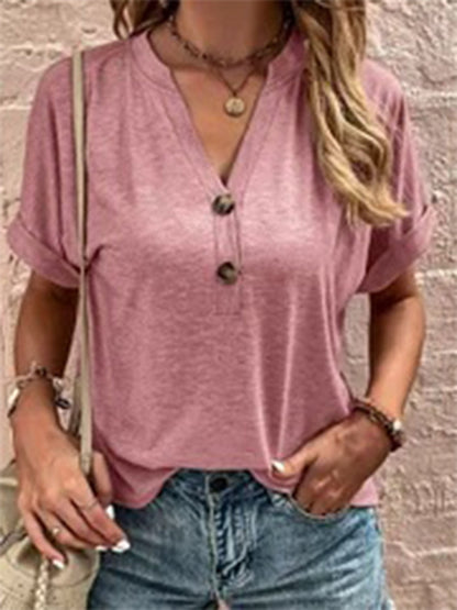 Women?ˉs V-Neck Button Front Short Sleeve Casual Loose Top