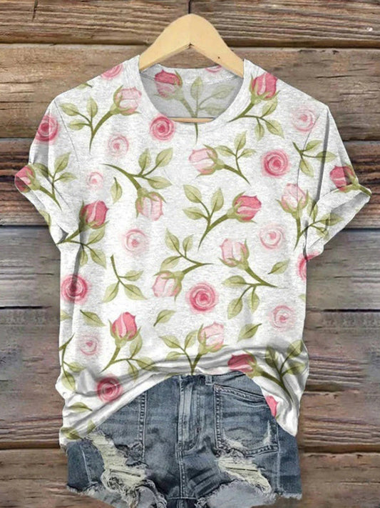 Vintage Floral Print Round Neck Short Sleeve T-Shirt